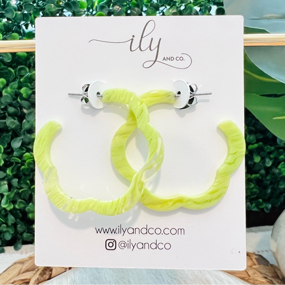New Neon Lime Green Scalloped Hoop Earrings | Lightweight